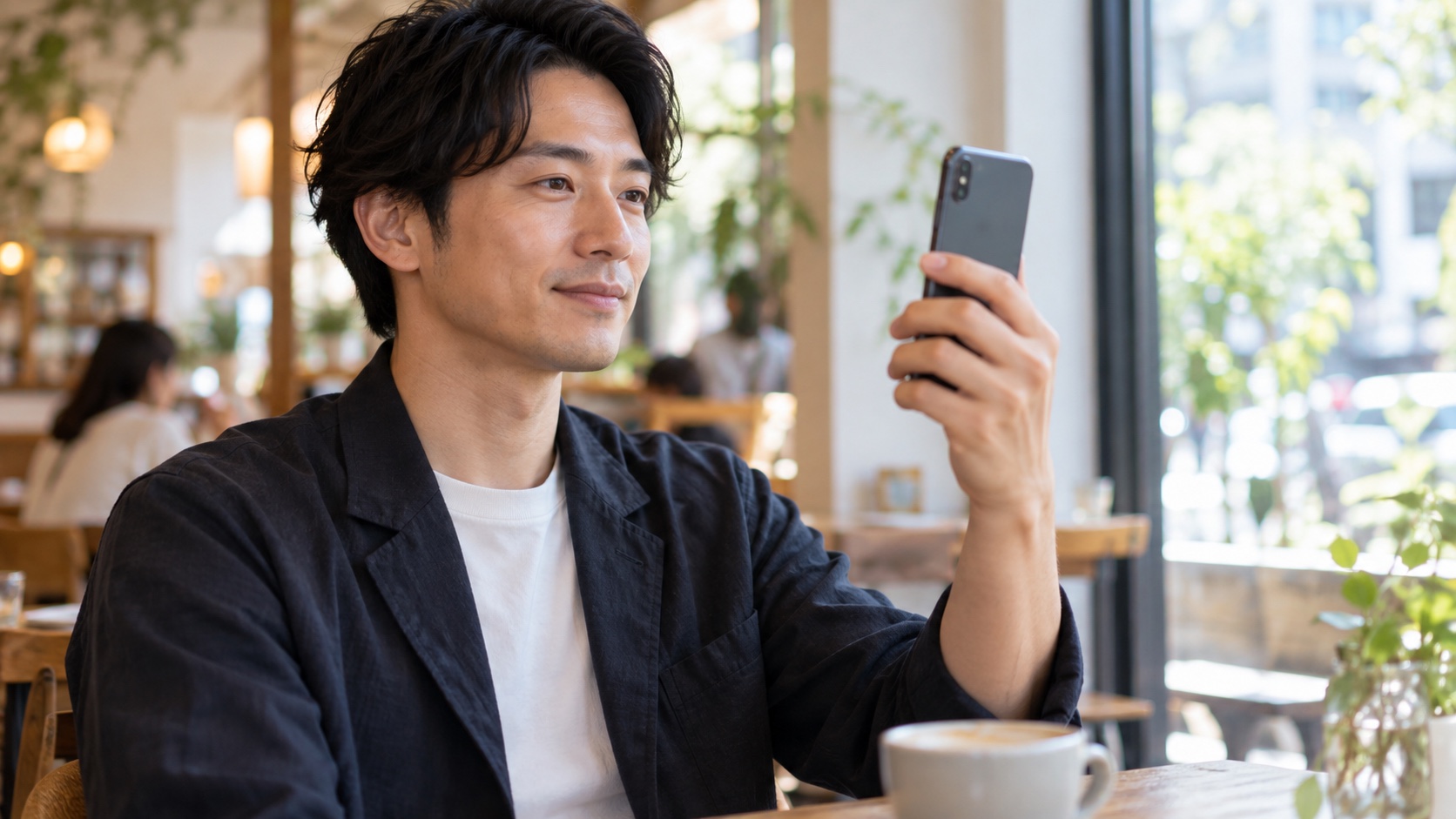 顔認証でスマホのロックを解除する日本人男性