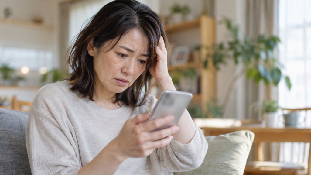 突然圏外になったスマホを不安そうに見る日本人女性
