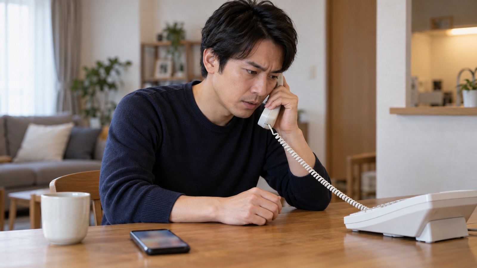 自宅の固定電話から急いで連絡する日本人男性