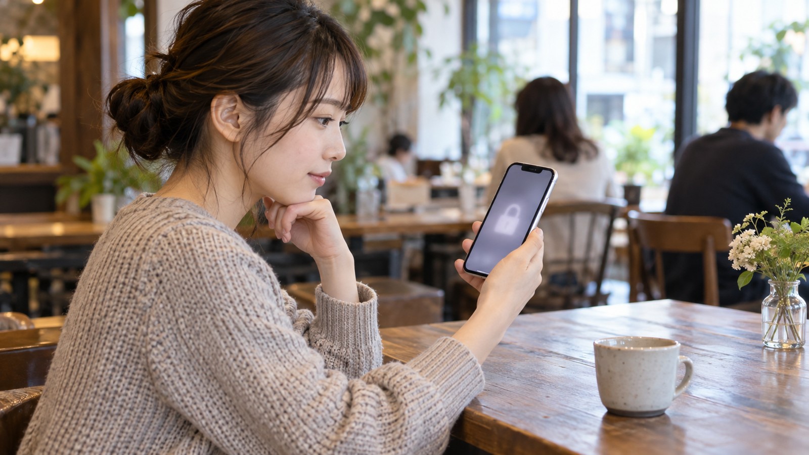 スマホのログイン設定を見直す日本人女性