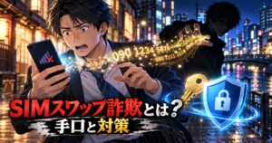SIMスワップ詐欺の手口と対策を解説する記事のアイキャッチ