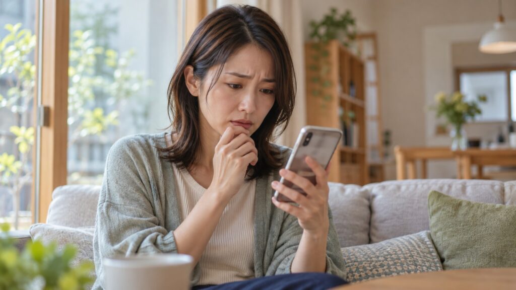 知らない通知が届いたスマホを不安そうに見る日本人女性