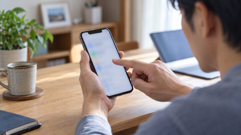 スマホの設定を確認する日本人男性の手元