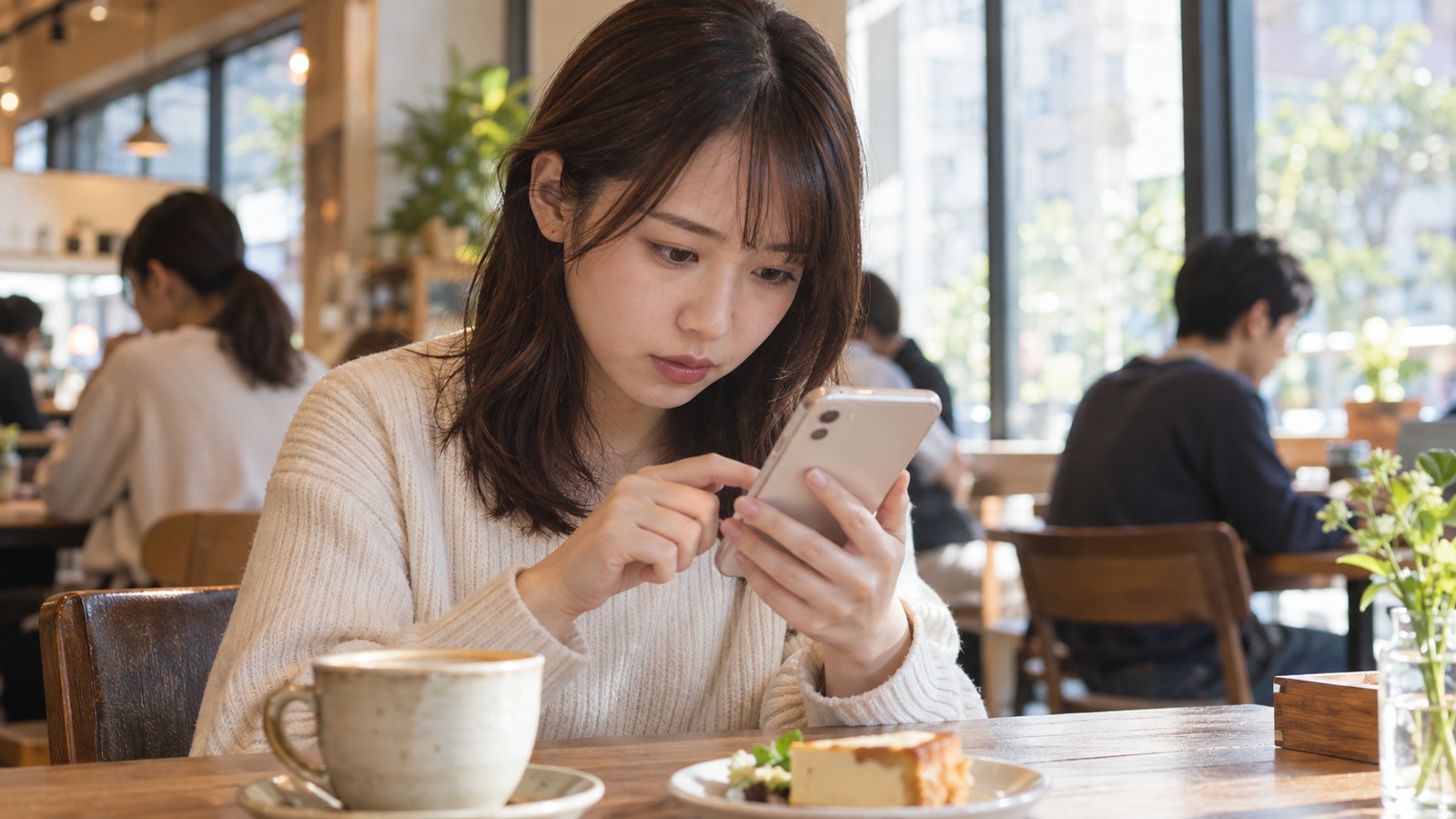 メッセージアプリのログイン端末を確認する日本人の若い女性