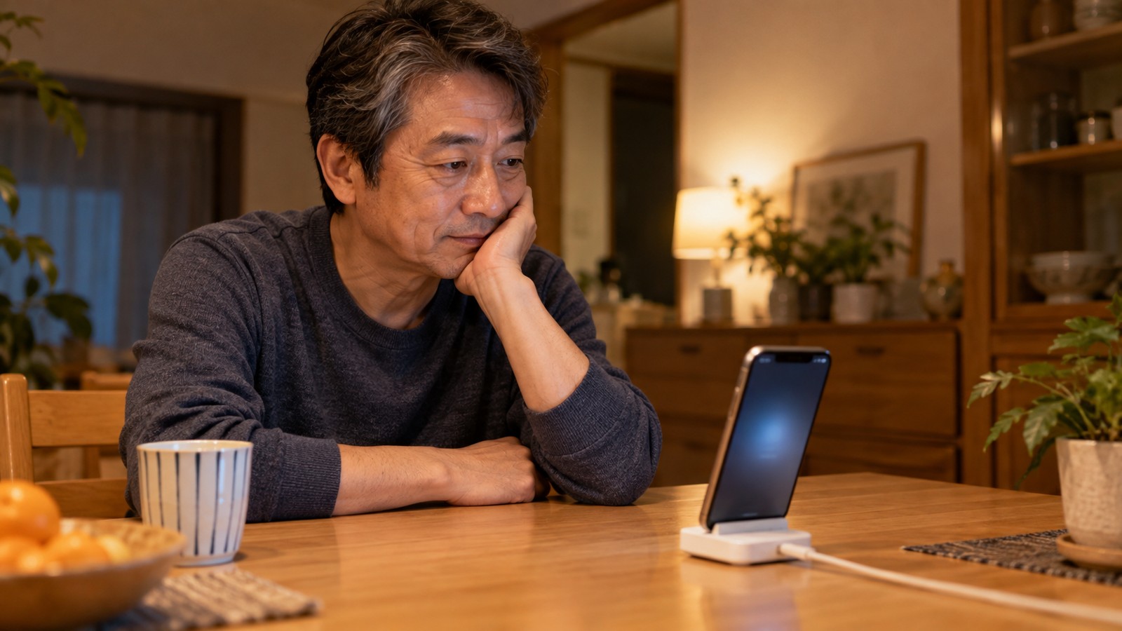 スマホのソフトウェア更新を待つ日本人の中年男性
