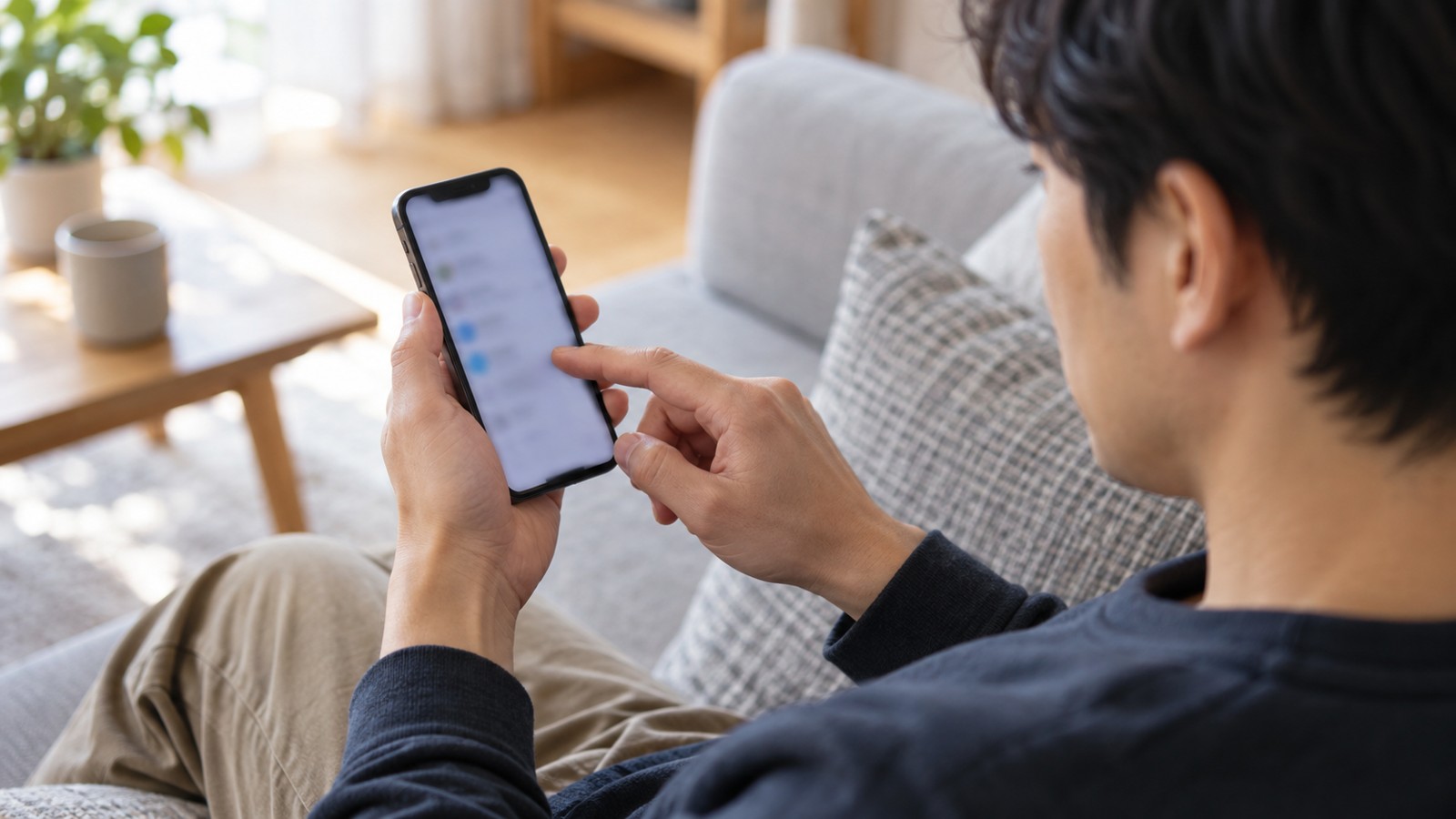 スマホで着信拒否の設定をする日本人男性の手元