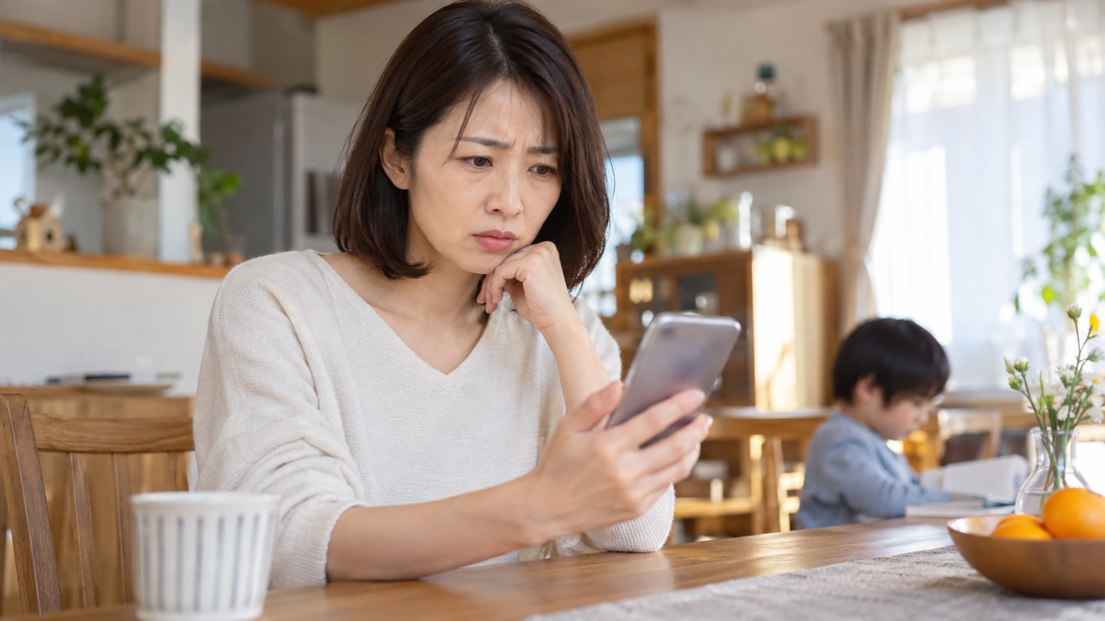 着信中のスマホを見て迷う日本人女性