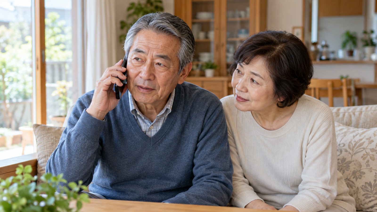 スマホで着信拒否サービスを設定する日本人のシニア夫婦