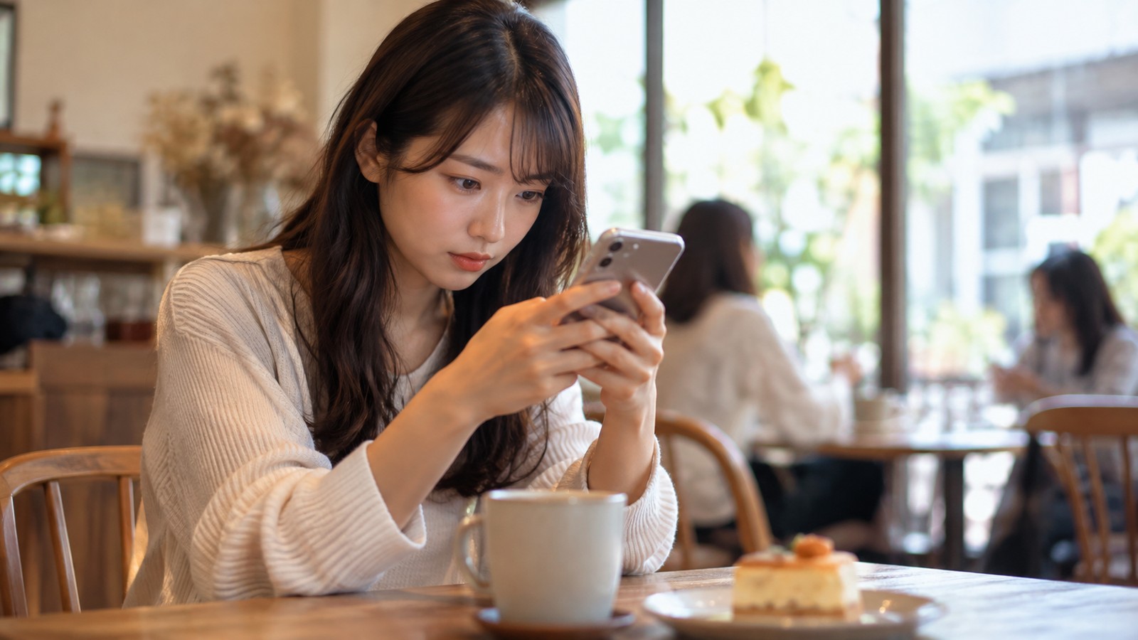 スマホの状態を真剣に確認する日本人女性