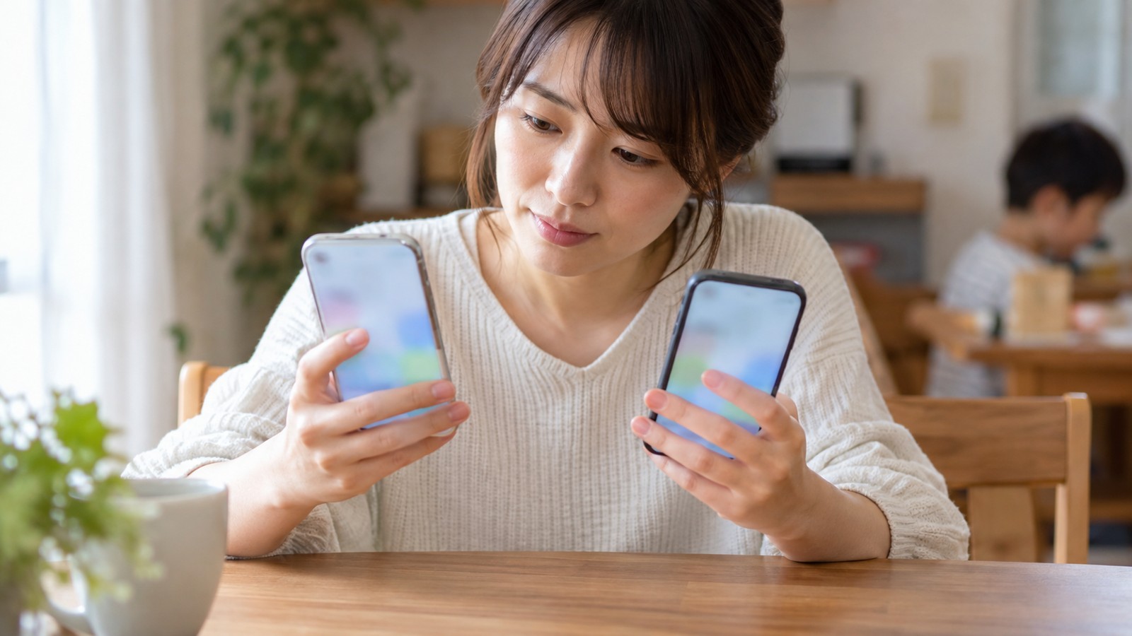 2台のスマホを見比べる日本人女性の手元