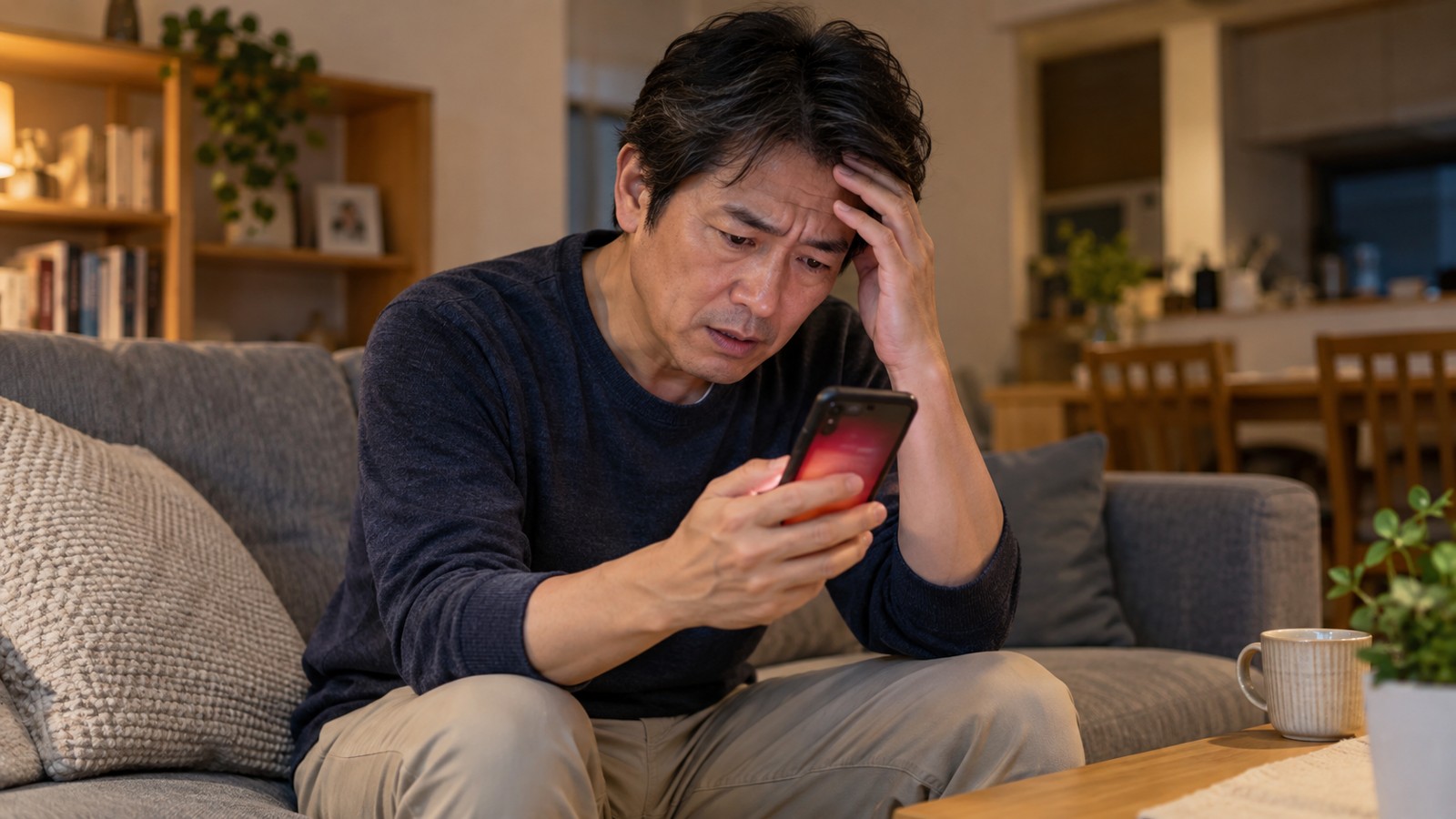 スマホの警告表示に驚く日本人男性