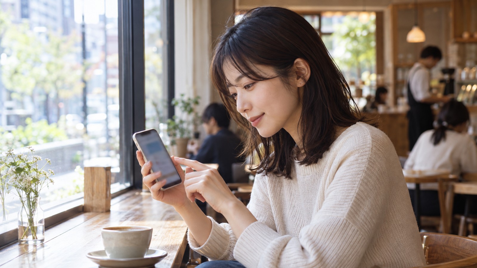 スマホの設定を確認する日本人女性