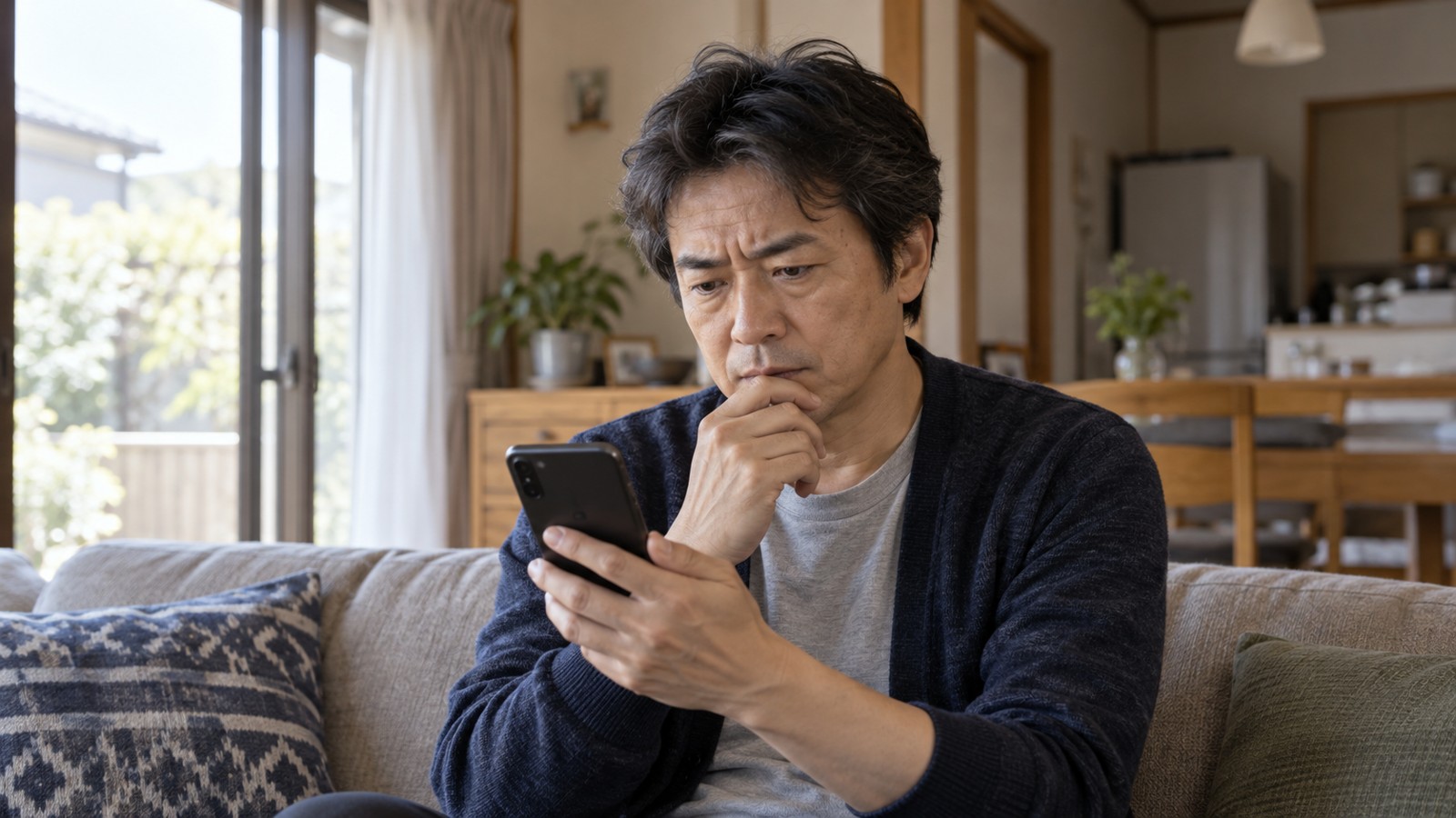 スマホに届いたメッセージを警戒しながら見る日本人男性