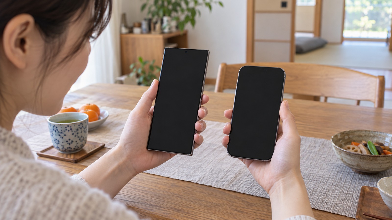 形の違う2台のスマホを見比べる日本人の手元