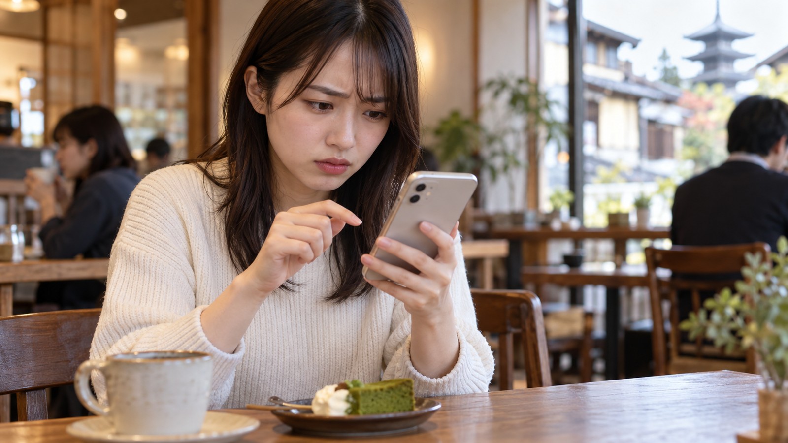 スマホの警告らしき画面を前にタップを思いとどまる日本人女性