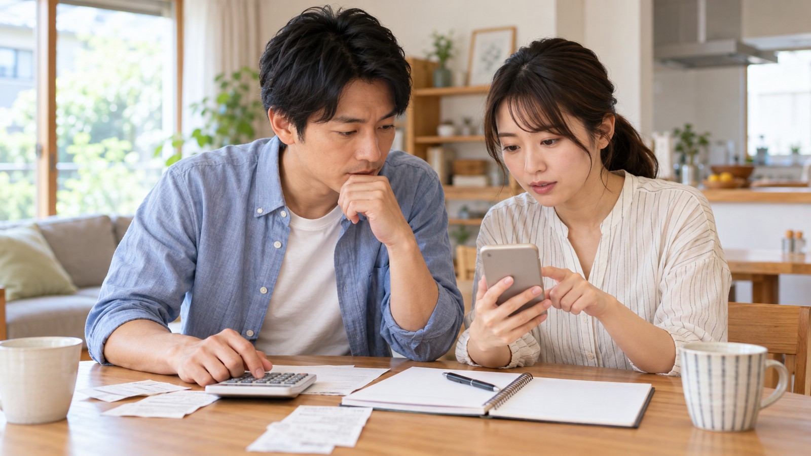 スマホと電卓で料金を比べる日本人夫婦