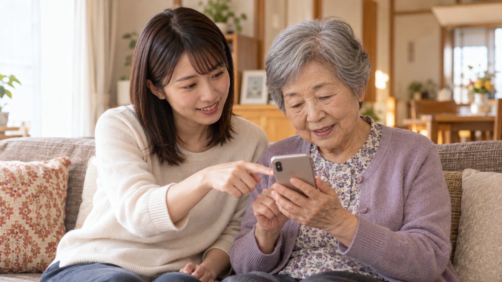 高齢の母親のスマホ設定を一緒に確認する日本人の娘