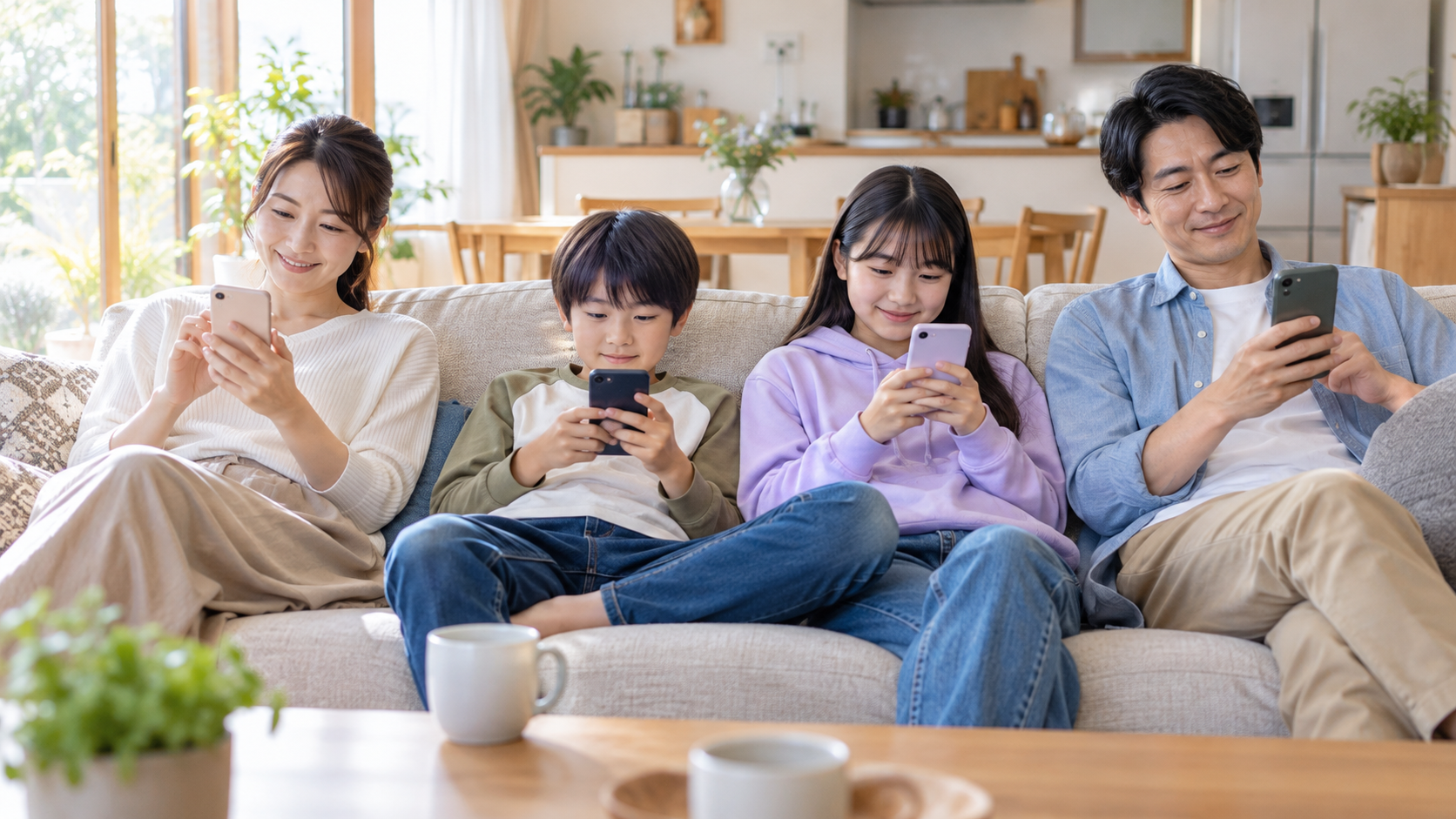 それぞれスマホを持ってくつろぐ4人家族
