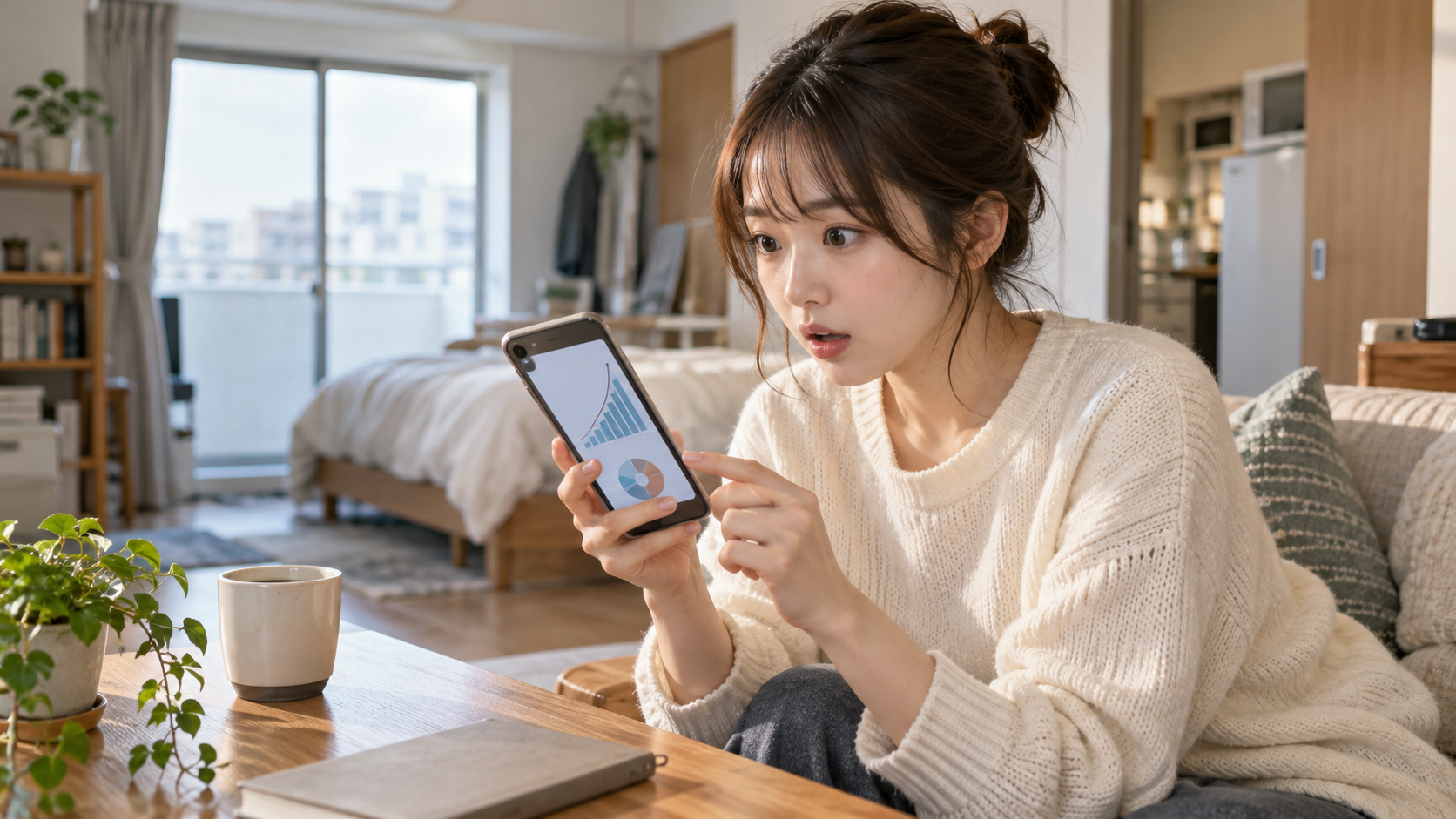 スマホで料金を見て驚く女性