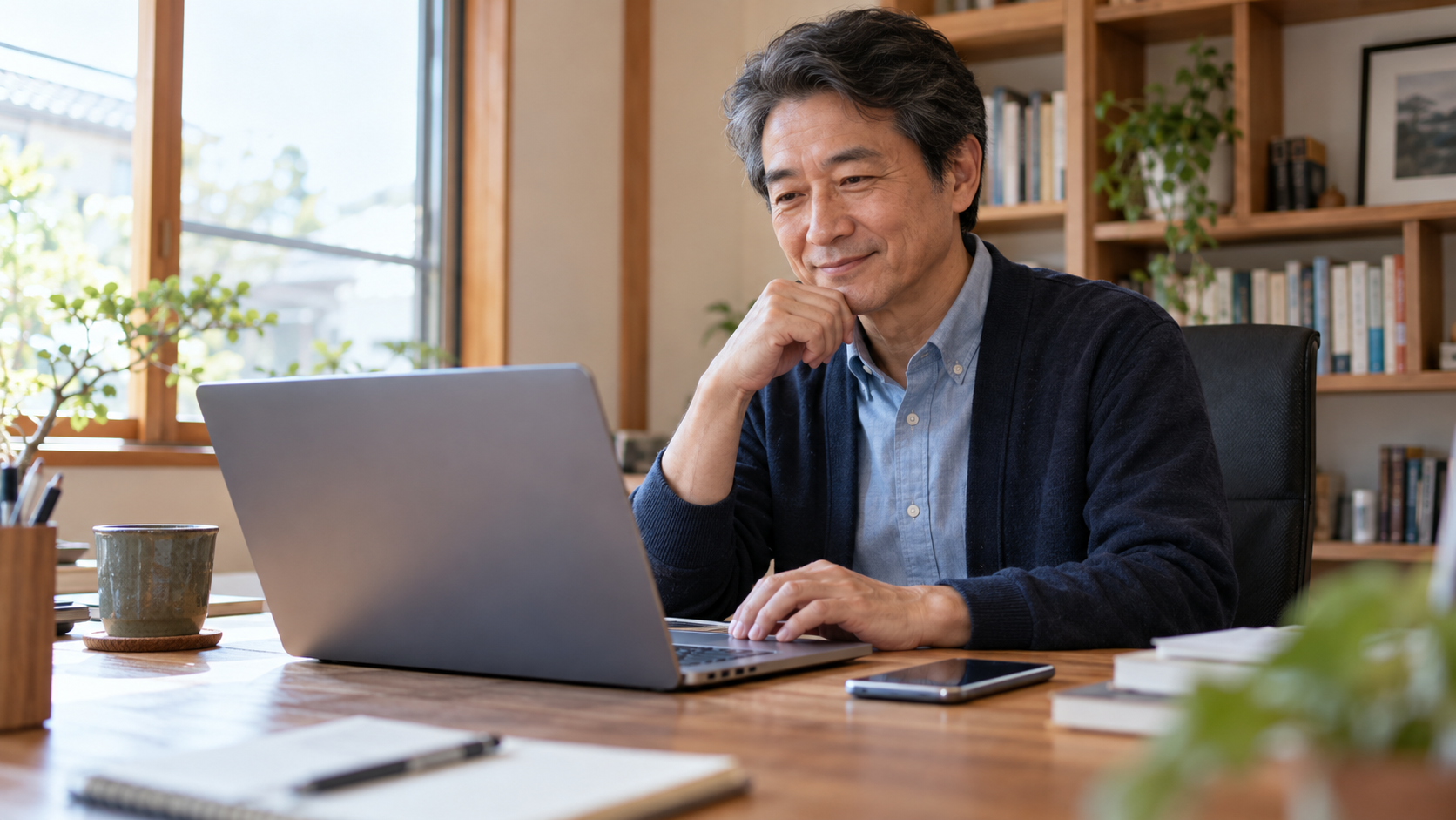 自宅でスマホの乗り換え手続きをする男性