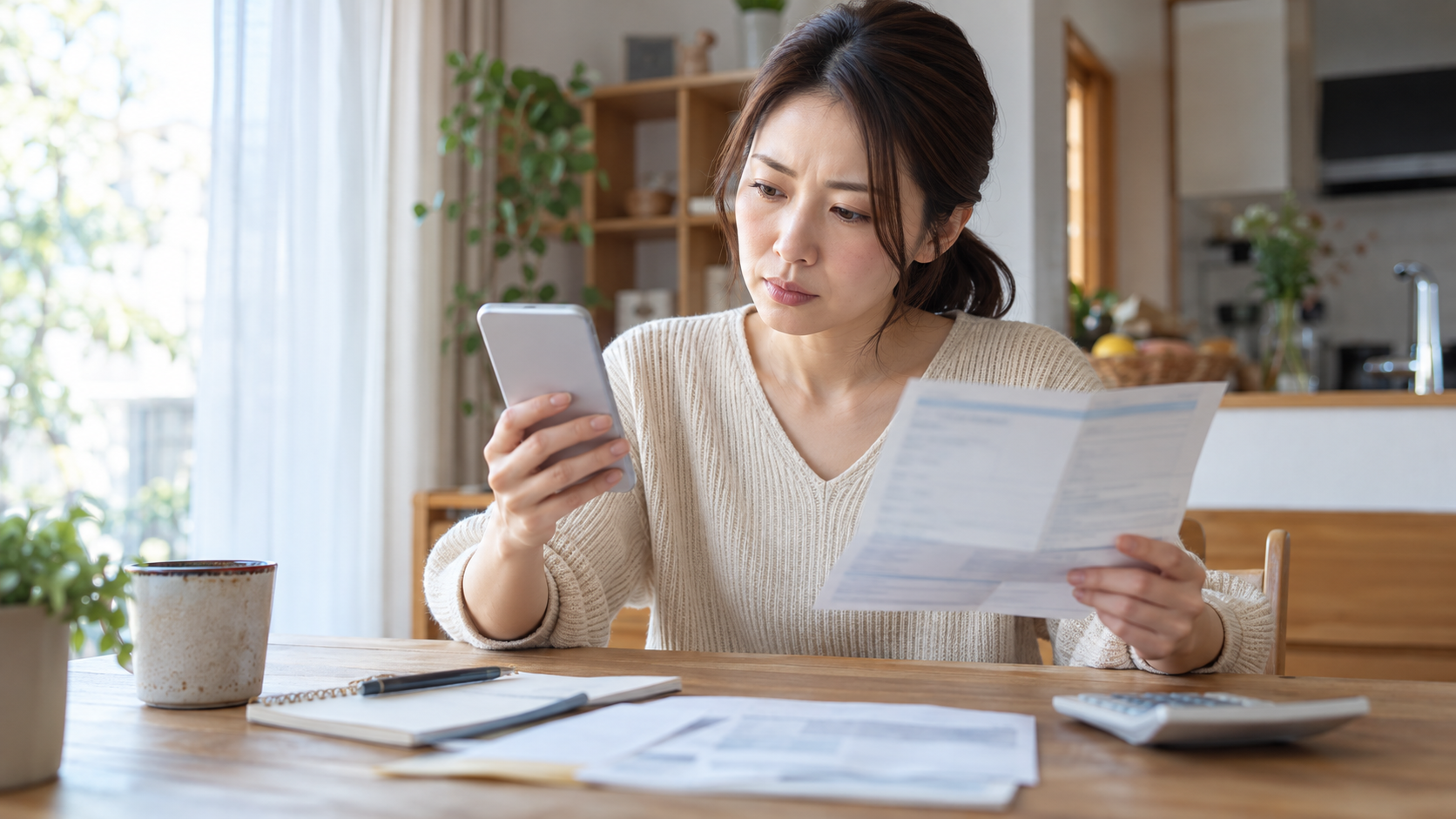 スマホと利用明細を見比べてサブスクの契約先を確認する女性