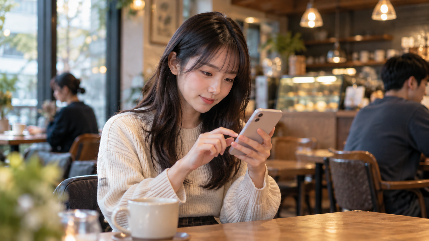 カフェでスマホの定期購入を確認する女性