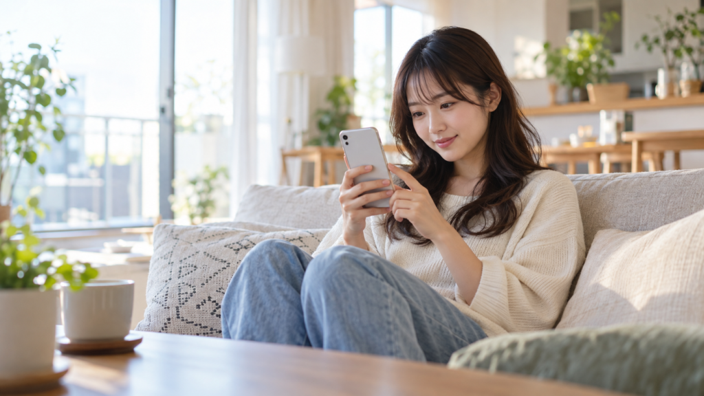 テレビのない部屋でスマホを見る女性